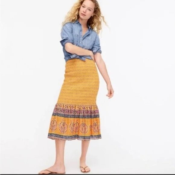 J Crew Smocked Skirt in Sunny Block Print - NWT - Size 2 - Picture 1 of 5